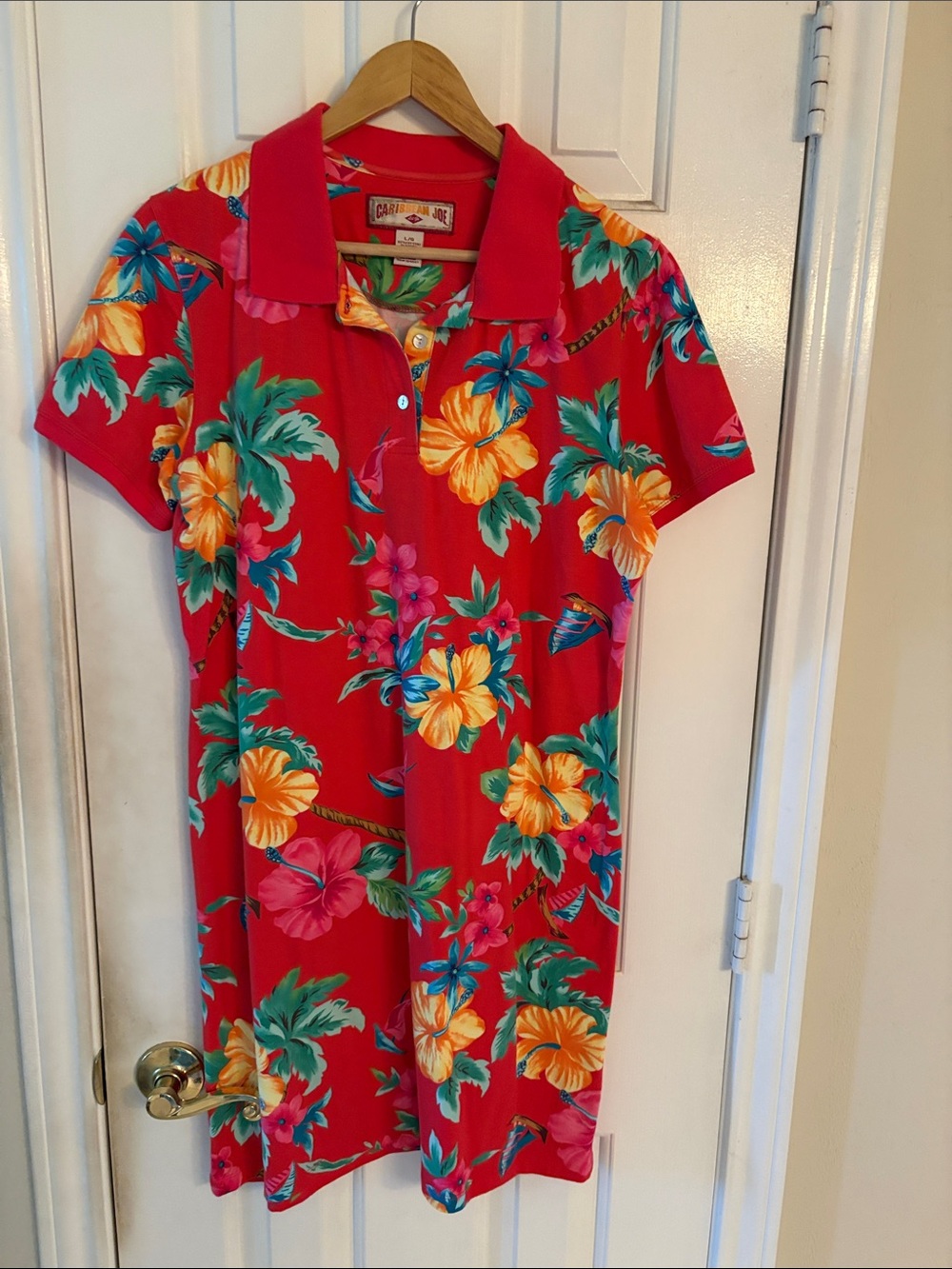 Caribbean Joe Red Tropical Hibiscus Polo Dress with Yellow & Green Accents